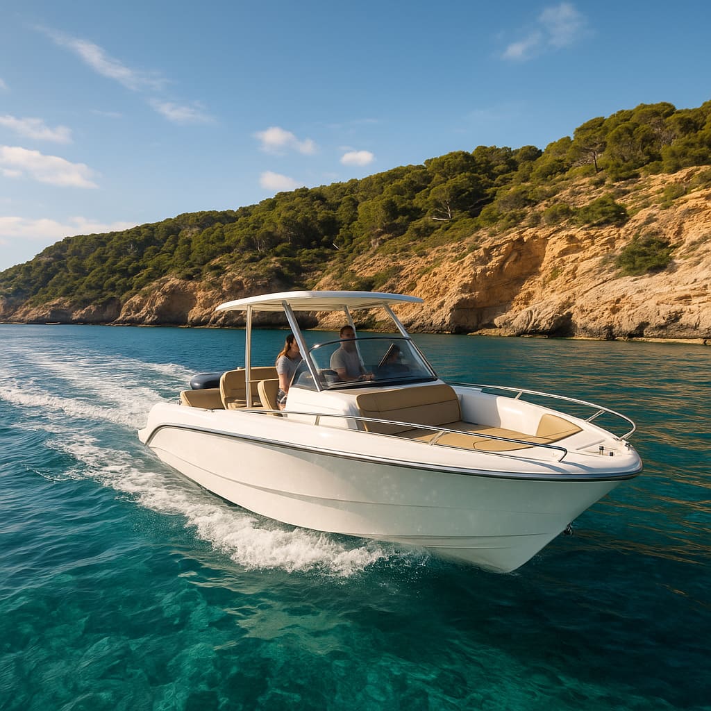 Barco de alquiler navegando por la costa de Mallorca