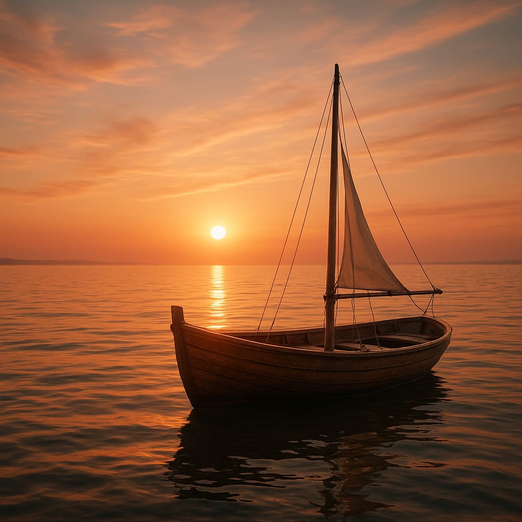 Barco durante la puesta de sol